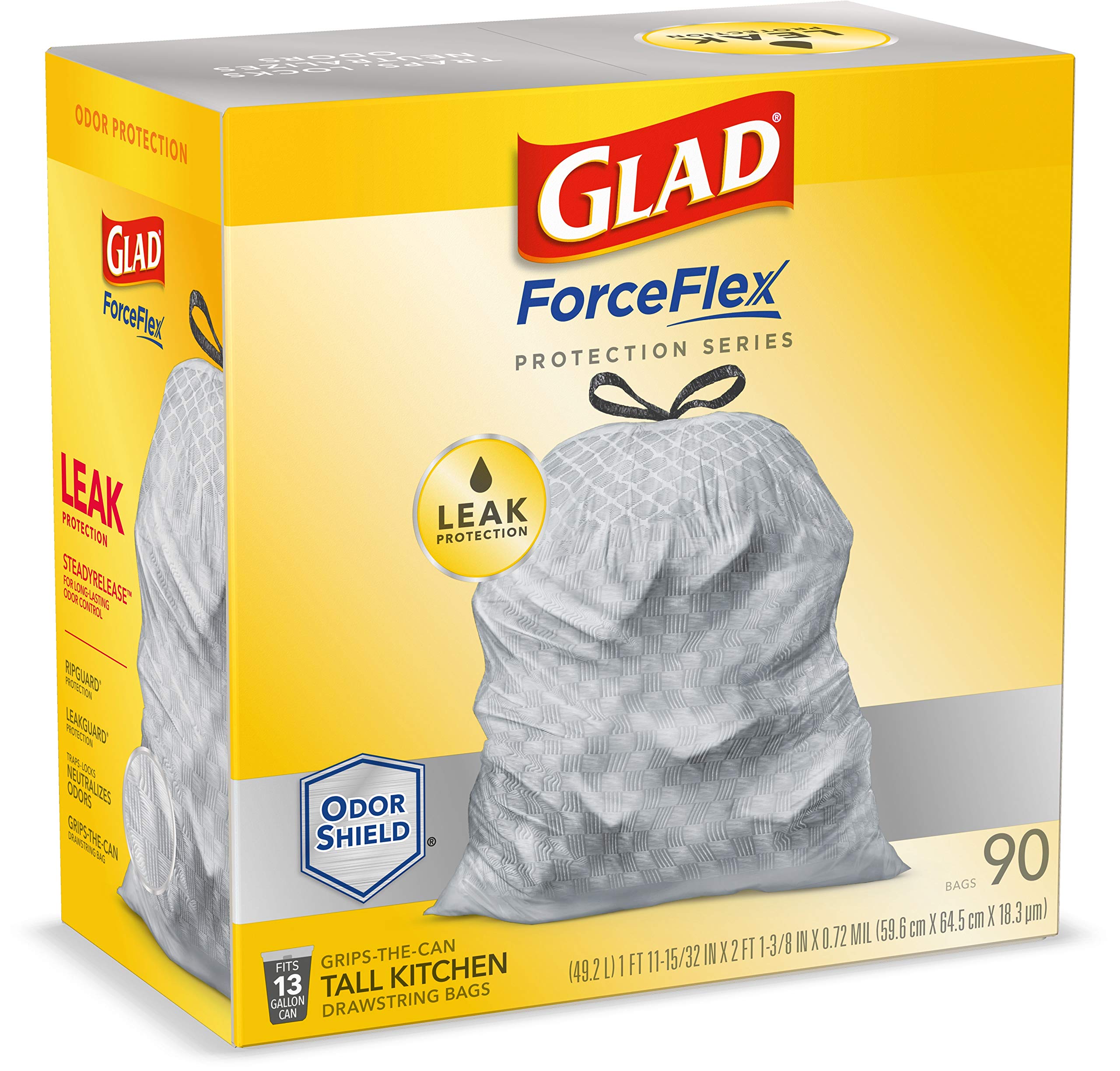 Glad ForceFlex Protection Series Tall Kitchen Trash Bags, 13 Gal, Unscented OdorShield, 90 Ct (Package May Vary)