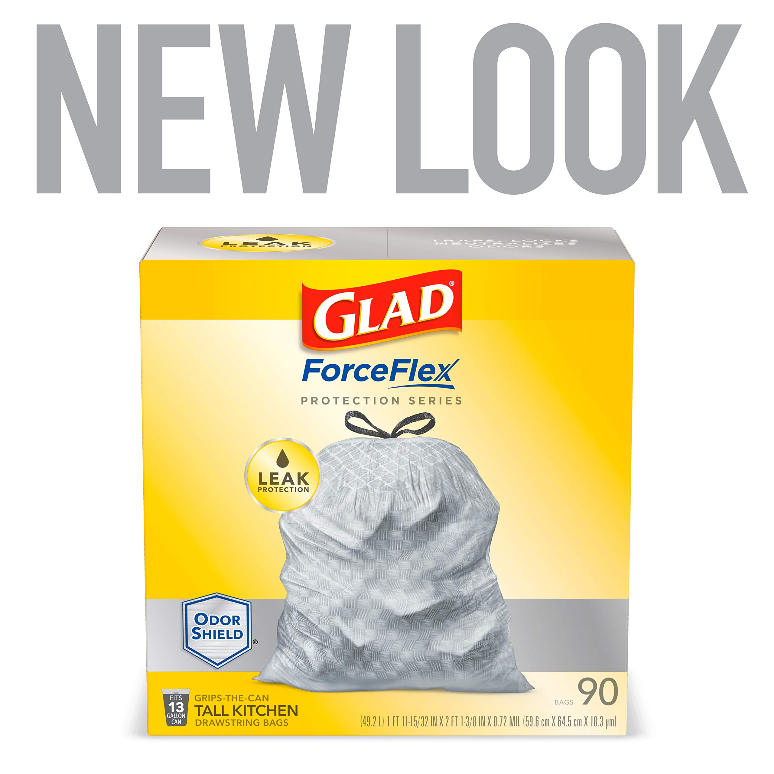 Glad ForceFlex Protection Series Tall Kitchen Trash Bags, 13 Gal, Unscented OdorShield, 90 Ct (Package May Vary)