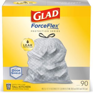 Glad ForceFlex Protection Series Tall Kitchen Trash Bags, 13 Gal, Unscented OdorShield, 90 Ct (Package May Vary)