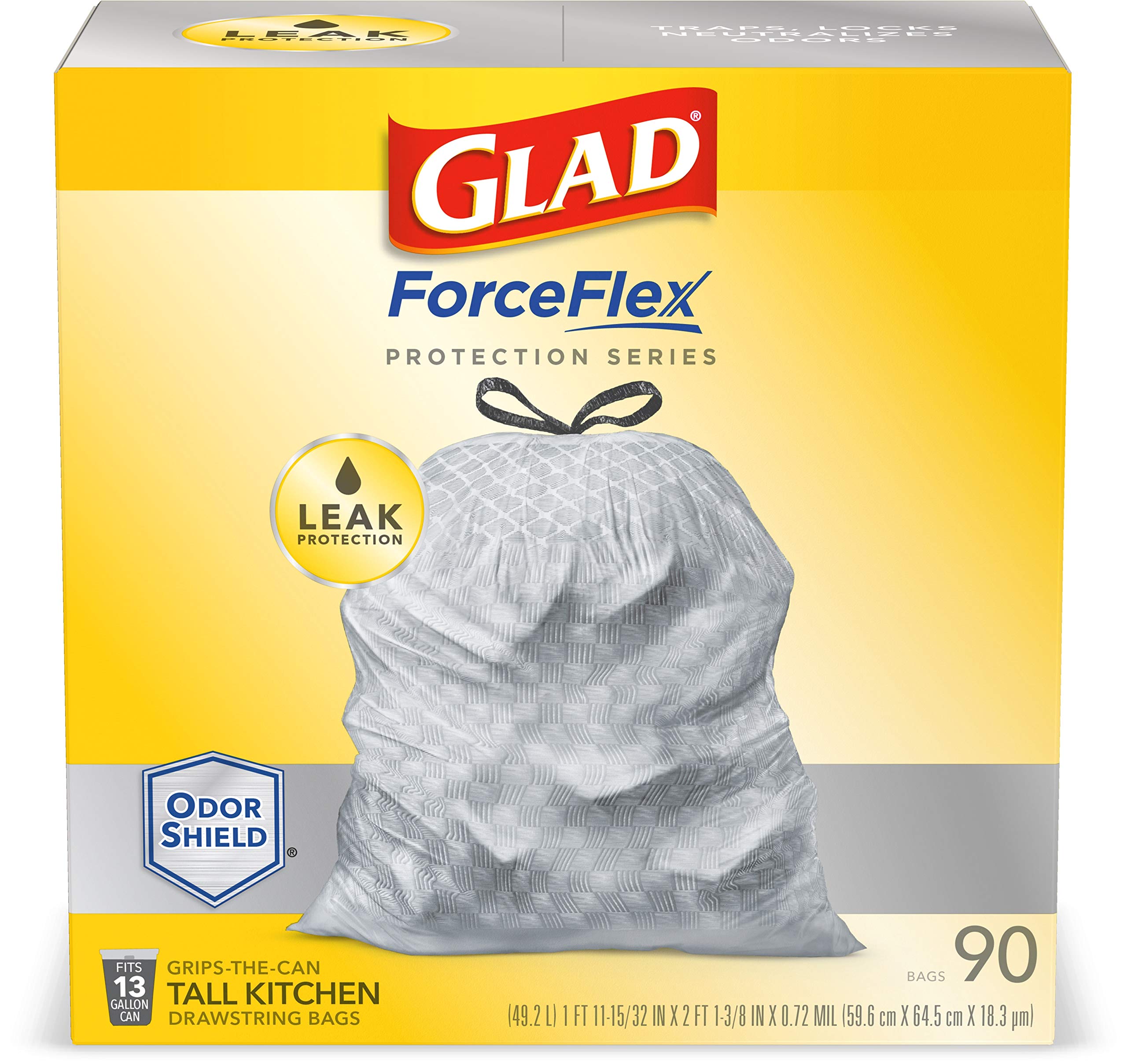 Glad ForceFlex Protection Series Tall Kitchen Trash Bags, 13 Gal, Unscented OdorShield, 90 Ct (Package May Vary)