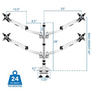 Mount-It! Quad Monitor Desk Mount With Full Motion Height Adjustable Arms | Premium Modular Computer Screen Mount With VESA 75x75, 100x100 mm Pattern | Clamp Base, Silver