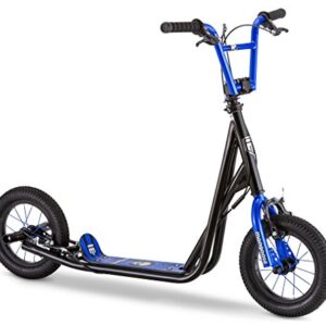 Mongoose Expo Youth Scooter, Front and Rear Caliper Brakes, Rear Axle Pegs, 12-Inch Inflatable Wheels, Black/Blue