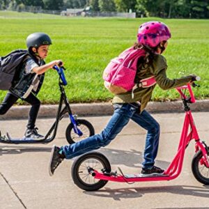 Mongoose Expo Youth Scooter, Front and Rear Caliper Brakes, Rear Axle Pegs, 12-Inch Inflatable Wheels, Black/Blue