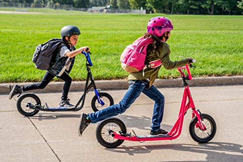 Mongoose Expo Youth Scooter, Front and Rear Caliper Brakes, Rear Axle Pegs, 12-Inch Inflatable Wheels, Black/Blue