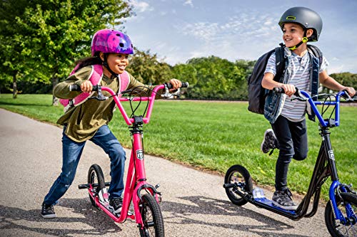 Mongoose Expo Youth Scooter, Front and Rear Caliper Brakes, Rear Axle Pegs, 12-Inch Inflatable Wheels, Black/Blue