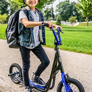 Mongoose Expo Youth Scooter, Front and Rear Caliper Brakes, Rear Axle Pegs, 12-Inch Inflatable Wheels, Black/Blue