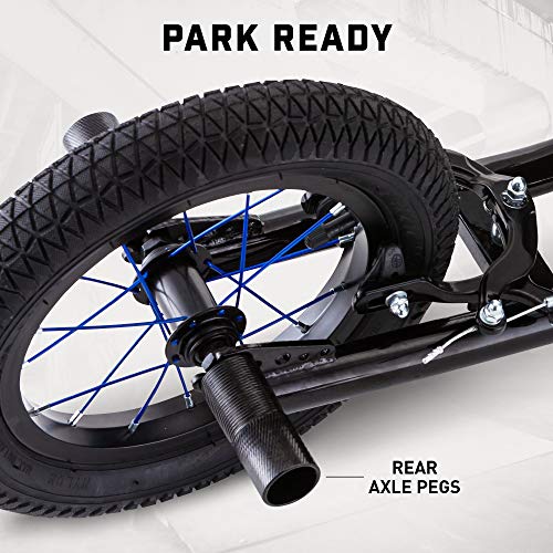 Mongoose Expo Youth Scooter, Front and Rear Caliper Brakes, Rear Axle Pegs, 12-Inch Inflatable Wheels, Black/Blue