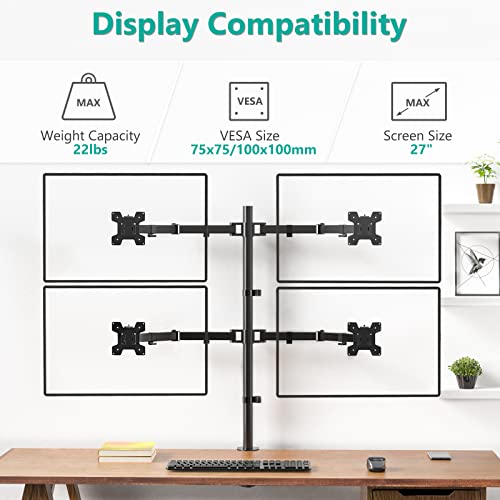 WALI Quad Monitor Desk Mount, 4 Monitor Stand Fits Heavy Duty Computer Screen up to 27 inch, Full Adjustable Monitor Arm Holds up to 22 lbs per Arm (M004), Black