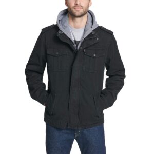 levi's men's washed cotton military jacket with removable hood (standard and big & tall), black, medium