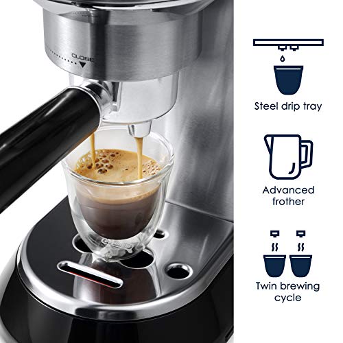 De'Longhi Dedica EC680M, Espresso Machine, Coffee and Cappucino Maker with Milk Frother, Metal / Stainless, Compact Design 6 in Wide, Fit Mug Up to 5 in