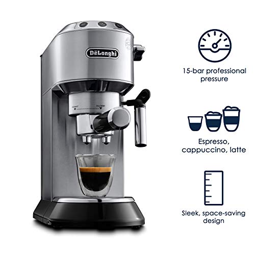 De'Longhi Dedica EC680M, Espresso Machine, Coffee and Cappucino Maker with Milk Frother, Metal / Stainless, Compact Design 6 in Wide, Fit Mug Up to 5 in