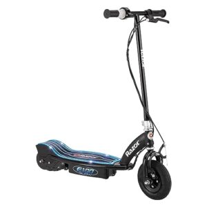 razor e100 glow electric scooter for kids age 8+, led light-up deck, 8" air-filled front tire, up to 40 minutes continuous ride time