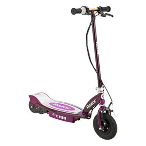 razor e100 kids ride on 24v motorized powered electric scooter toy, speeds up to 10 mph with brakes and pneumatic tires, purple