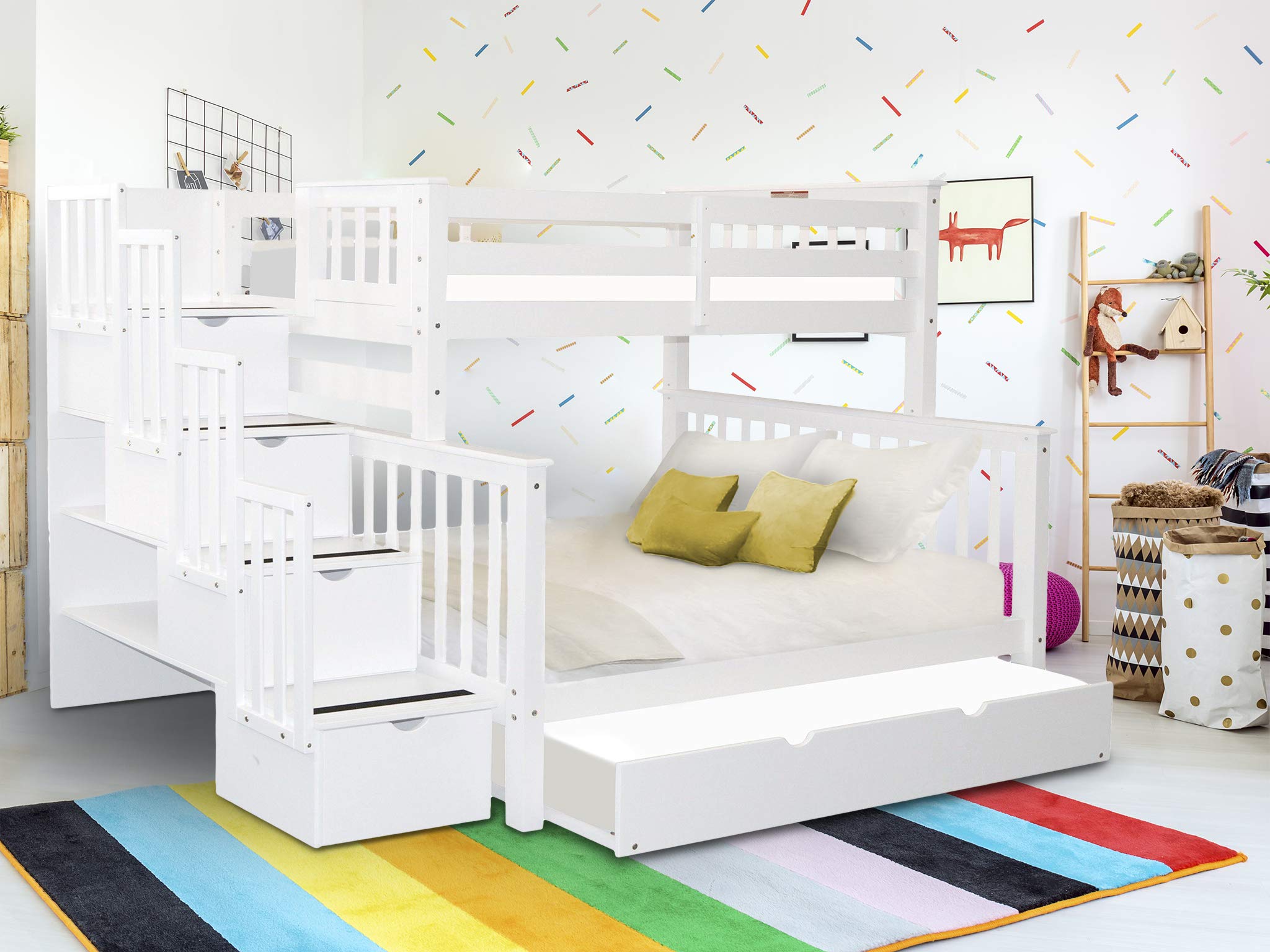 Bedz King Stairway Bunk Beds Twin over Full with 4 Drawers in the Steps and a Twin Trundle, White