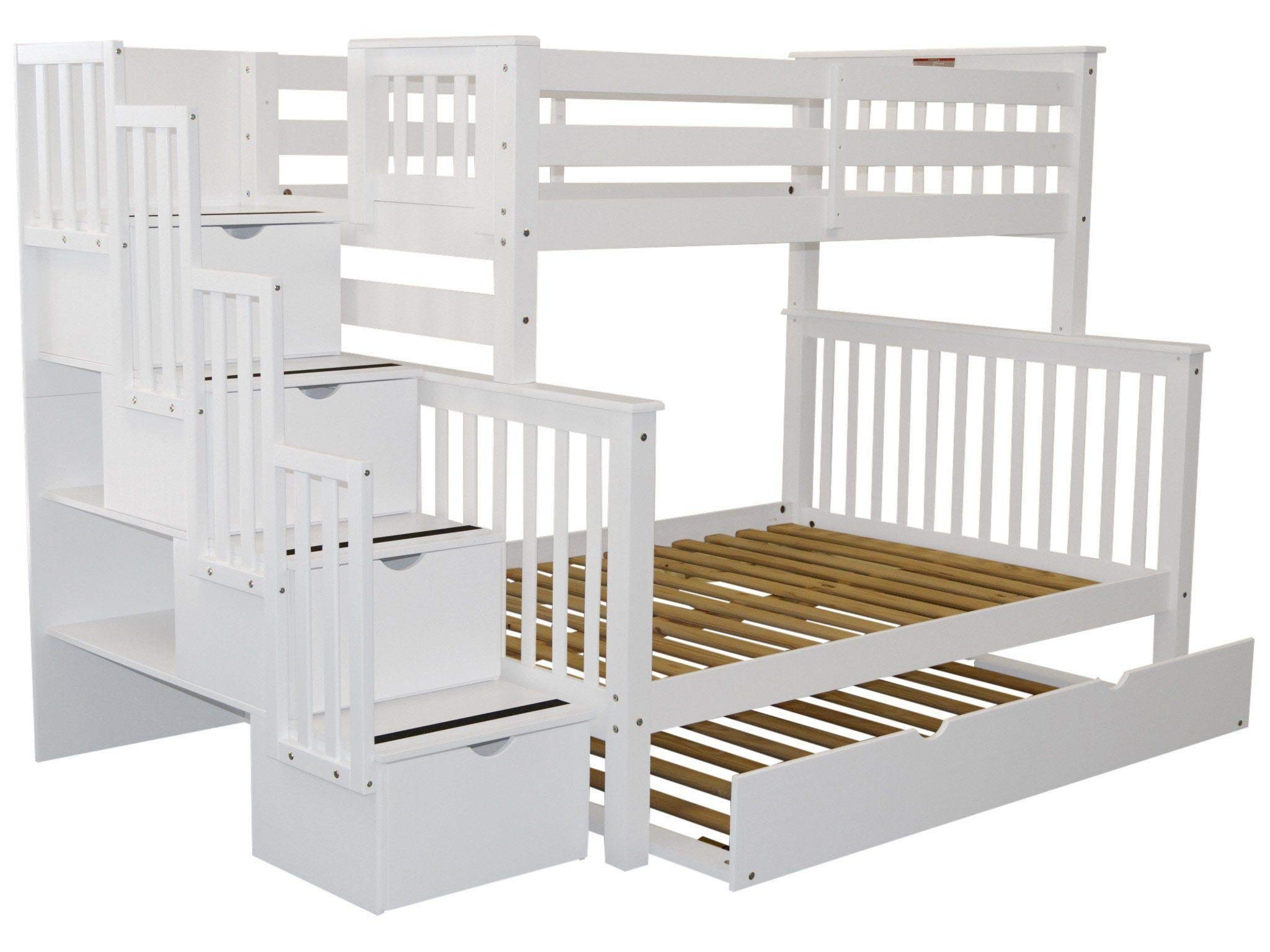 Bedz King Stairway Bunk Beds Twin over Full with 4 Drawers in the Steps and a Twin Trundle, White