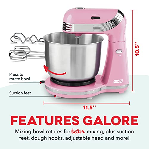 Dash Stand Mixer (Electric Mixer for Everyday Use): 6 Speed Stand Mixer with 3 Quart Stainless Steel Mixing Bowl, Dough Hooks & Mixer Beaters for Dressings, Frosting, Meringues & More - Pink