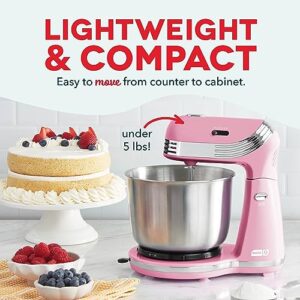 Dash Stand Mixer (Electric Mixer for Everyday Use): 6 Speed Stand Mixer with 3 Quart Stainless Steel Mixing Bowl, Dough Hooks & Mixer Beaters for Dressings, Frosting, Meringues & More - Pink