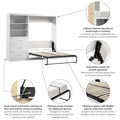 Bestar Pur Full Murphy Bed and Storage Unit with Drawers, 95-inch Space-Saving Wall Bed with Storage