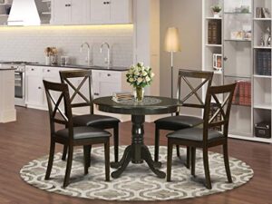 east west furniture anbo5-cap-lc antique 5 piece kitchen set for 4 includes a round table with pedestal and 4 faux leather dining room chairs, 36x36 inch, cappuccino