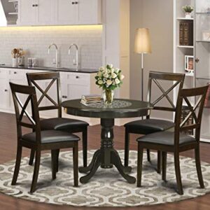 East West Furniture ANBO5-CAP-LC Antique 5 Piece Kitchen Set for 4 Includes a Round Table with Pedestal and 4 Faux Leather Dining Room Chairs, 36x36 Inch, Cappuccino
