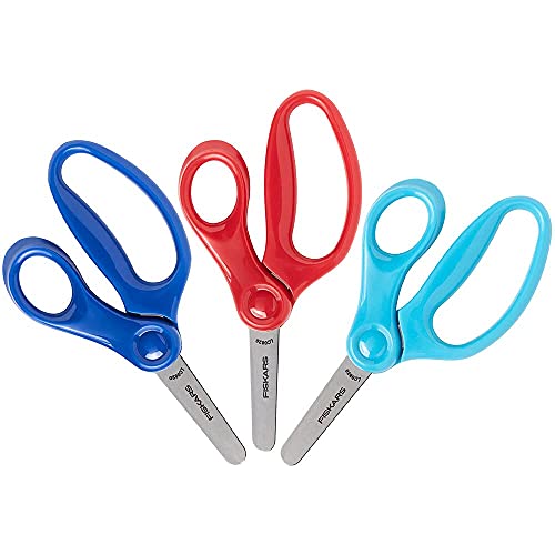 Fiskars 5" Pointed-Tip Scissors for Kids 4-7 (3-Pack) - Scissors for School or Crafting - Back to School Supplies - Red, Blue, Turquoise