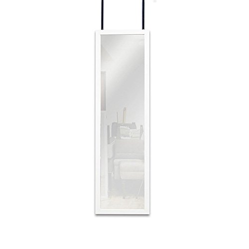 Mirrotek - Full Length Adjustable Over The Door Mirror White Wood Finish - Hanging Mirror Full Length - Instant Install Long Full Body Mirror for Bedroom, Dorm Room 14" x 48"