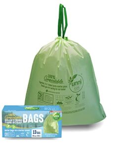 unni 100% compostable drawstring bags, 13 gallon, 49.2 liter, 30 count, heavy duty 1 mils, tall kitchen food scrap waste bags, astm d6400, en 13432, us bpi & ok compost home certified, san francisco