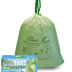 UNNI 100% Compostable Drawstring Bags, 13 Gallon, 49.2 Liter, 30 Count, Heavy Duty 1 Mils, Tall Kitchen Food Scrap Waste Bags, ASTM D6400, EN 13432, US BPI & OK Compost Home Certified, San Francisco