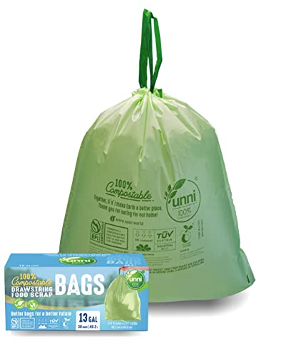 UNNI 100% Compostable Drawstring Bags, 13 Gallon, 49.2 Liter, 30 Count, Heavy Duty 1 Mils, Tall Kitchen Food Scrap Waste Bags, ASTM D6400, EN 13432, US BPI & OK Compost Home Certified, San Francisco