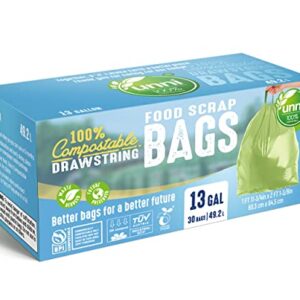 UNNI 100% Compostable Drawstring Bags, 13 Gallon, 49.2 Liter, 30 Count, Heavy Duty 1 Mils, Tall Kitchen Food Scrap Waste Bags, ASTM D6400, EN 13432, US BPI & OK Compost Home Certified, San Francisco