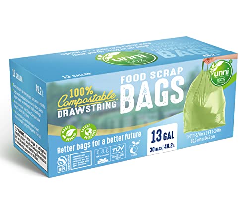 UNNI 100% Compostable Drawstring Bags, 13 Gallon, 49.2 Liter, 30 Count, Heavy Duty 1 Mils, Tall Kitchen Food Scrap Waste Bags, ASTM D6400, EN 13432, US BPI & OK Compost Home Certified, San Francisco