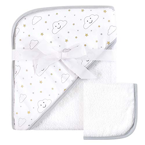 Hudson Baby Unisex Baby Cotton Hooded Towel and Washcloth, Gray Clouds, One Size