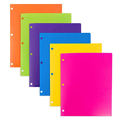 JAM PAPER Heavy Duty Plastic 3 Hole Punch Pocket Folders - Extra Tough School Folders - Assorted Fashion Colors - 6/Pack