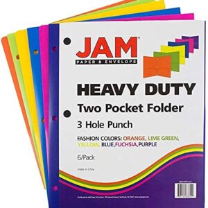 JAM PAPER Heavy Duty Plastic 3 Hole Punch Pocket Folders - Extra Tough School Folders - Assorted Fashion Colors - 6/Pack