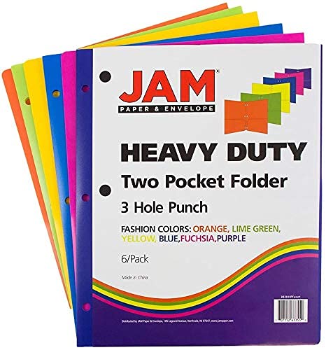 JAM PAPER Heavy Duty Plastic 3 Hole Punch Pocket Folders - Extra Tough School Folders - Assorted Fashion Colors - 6/Pack