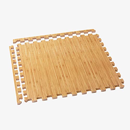 FOREST FLOOR Thick Printed Foam Tiles, Premium Wood Grain Interlocking Foam Floor Mats, Anti-Fatigue Flooring, 3/8" Thick, Light Bamboo, 24 Square Feet (6 Tiles)