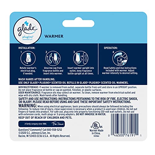 Glade PlugIns Air Freshener Warmer, Scented and Essential Oils for Home and Bathroom, Up to 50 Days on Low Setting, 2 Count