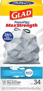 glad forceflex maxstrength tall kitchen drawstring trash bags, 13 gallon, fresh clean scent with febreze freshness, 34 count