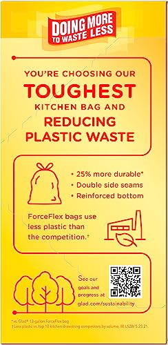 Glad ForceFlex MaxStrength Tall Kitchen Drawstring Trash Bags, 13 Gallon, Fresh Clean Scent with Febreze Freshness, 34 Count