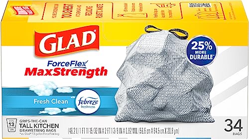 Glad ForceFlex MaxStrength Tall Kitchen Drawstring Trash Bags, 13 Gallon, Fresh Clean Scent with Febreze Freshness, 34 Count