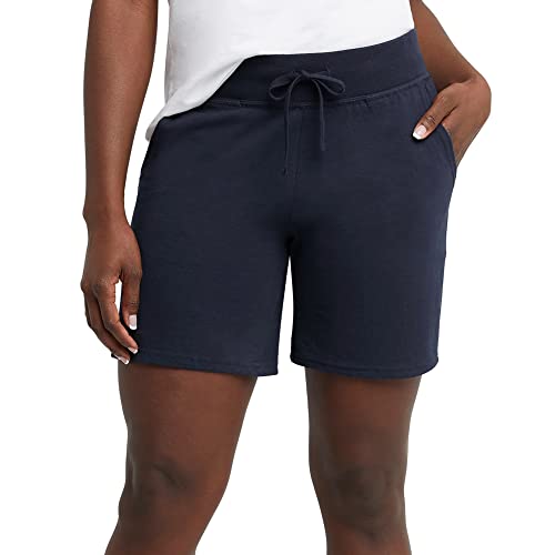 Hanes Women's Pocket Drawstring Cotton Inseam Shorts, Navy, X-Large