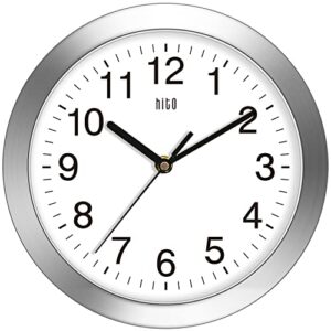 hito 10 inch silent wall clock battery operated non ticking glass cover silver aluminum frame, for kitchen, bedroom, home office, living room decor