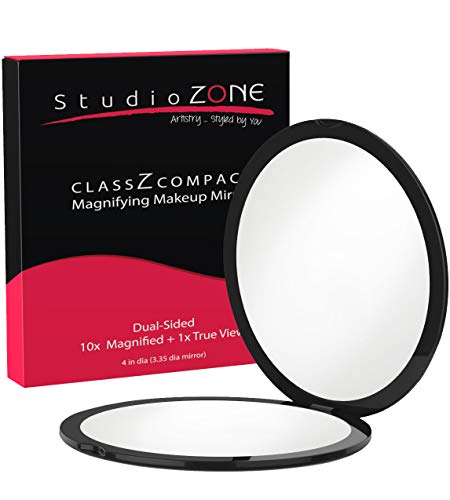 StudioZONE Best Compact Mirror - 10X Magnifying Makeup Mirror - Perfect for Purses - Travel - 2-Sided with 10X Magnifying Mirror and 1x Mirror - ClassZ Compact Mirror - 4 Inch Diameter