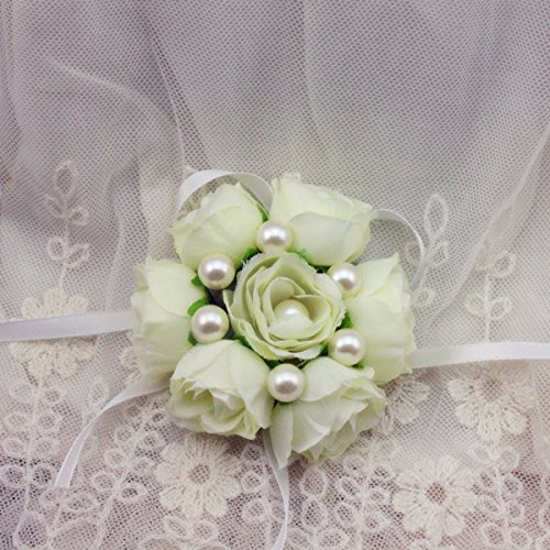 FAYBOX Girl Bridesmaid Wedding Wrist Corsage Party Prom Hand Flower Decor Pack of 2 Ivory