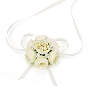 FAYBOX Girl Bridesmaid Wedding Wrist Corsage Party Prom Hand Flower Decor Pack of 2 Ivory