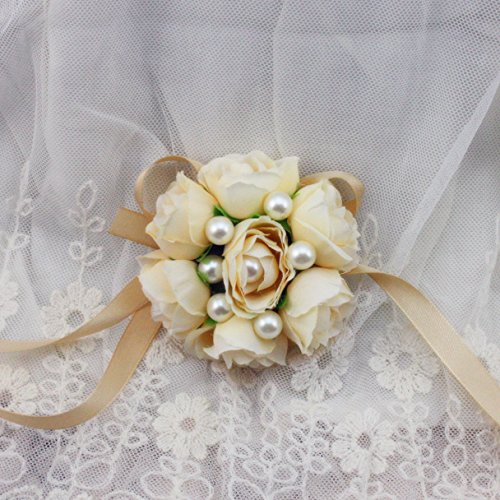FAYBOX Girl Bridesmaid Wedding Wrist Corsage Party Prom Hand Flower Decor Pack of 2 Champagne