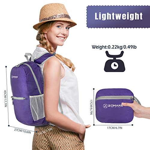 ZOMAKE Ultra Lightweight Hiking Backpack 20L - Packable Small Backpacks Water Resistant Daypack for Women Men(Purple)