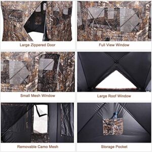 AW Hunting Blind Tent w/Carrying Bag, 2 Person 150D Degree See Through Ground Blinds Portable 58x58x65 Deer Blind Windproof Waterproof, for Deer Hunting Outdoor Sport Shooting Turkey Hunting