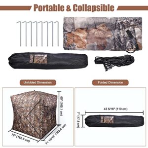 AW Hunting Blind Tent w/Carrying Bag, 2 Person 150D Degree See Through Ground Blinds Portable 58x58x65 Deer Blind Windproof Waterproof, for Deer Hunting Outdoor Sport Shooting Turkey Hunting