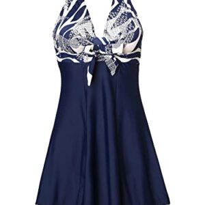 MiYang Women's One Piece High Waist Padded Swim Dress, Navy Flower, Tag Size XL=S (US 4-6)